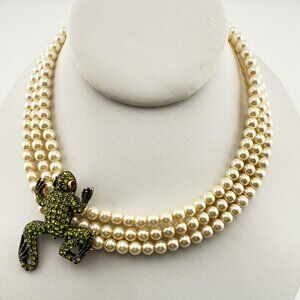 Heidi Daus Necklace Frog Toad Green Kissing Frog Pearl Crystal Triple Strand